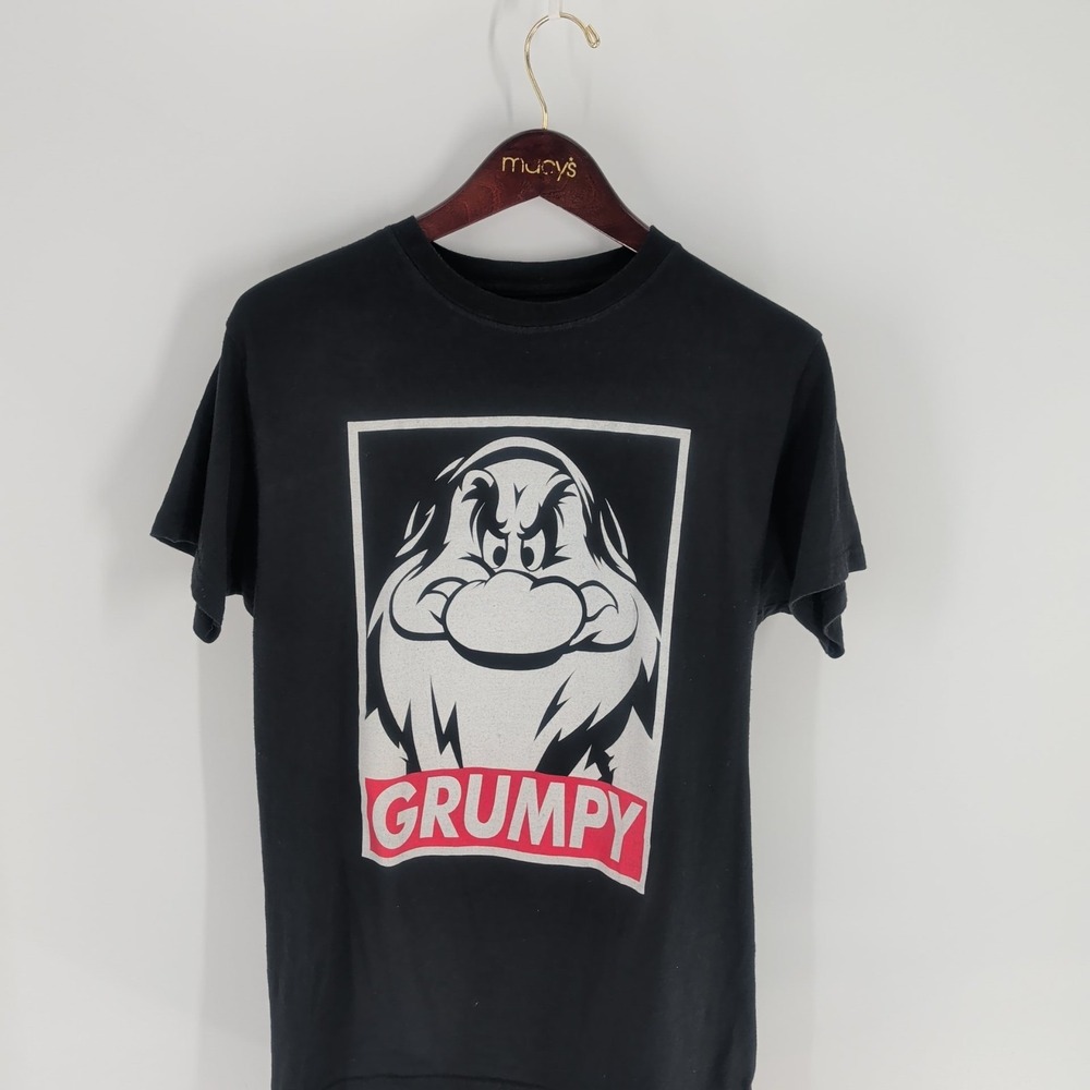 Disney Obey Grumpy‎ Dwarf Graphic Crew Neck Pullover T-Shirt Black White Size M